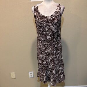 R&K Brown and Cream Leaf Print Sheer Midi Dress with Layered Hem-Size 8P